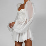 Dadizhimu New Women's Lantern Sleeve OL Temperament Sexy Chiffon Dress