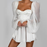 Dadizhimu New Women's Lantern Sleeve OL Temperament Sexy Chiffon Dress