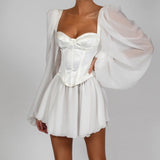 Dadizhimu New Women's Lantern Sleeve OL Temperament Sexy Chiffon Dress