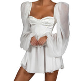 Dadizhimu New Women's Lantern Sleeve OL Temperament Sexy Chiffon Dress
