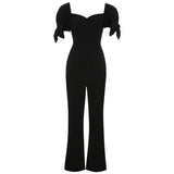 Dadizhimu Autumn New Temperamental Jumpsuit Sexy Little V Collar Bubble Sleeves Thin Black Breasted Goddess Fan Jumpsuit