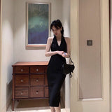 Dadizhimu Sling Dress Retro Black Bare Back Sexy Hanging Neck Open Forked Hip Dress Temperament V Repair Skirt