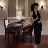 Dadizhimu Sling Dress Retro Black Bare Back Sexy Hanging Neck Open Forked Hip Dress Temperament V Repair Skirt