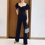 Dadizhimu Autumn New Temperamental Jumpsuit Sexy Little V Collar Bubble Sleeves Thin Black Breasted Goddess Fan Jumpsuit