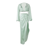 Dadizhimu Deep V-Navel Top High Open Skirt Set Satin Night Shop Sexy Dress