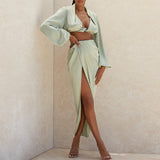 Dadizhimu Deep V-Navel Top High Open Skirt Set Satin Night Shop Sexy Dress