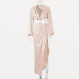 Dadizhimu Deep V-Navel Top High Open Skirt Set Satin Night Shop Sexy Dress