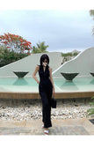 Dadizhimu Autumn Dress New French Retro Waist Temperament Showing Thin Legs Hanging Shoulder Black Conjoined Trousers Woman