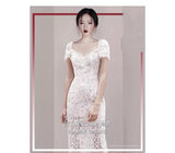 Dadizhimu Summer New Temperament Fashion Short-Sleeved Lace Repair V-Neck Long Dress Woman