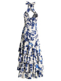 Dadizhimu Temperament Elegant Wind To The Waist Thin Long Cake Dress 2025 New Design Printing Hanging Neck Dress Women's Summer