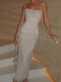 Dadizhimu Wears Women's Sexy Mesh Lace Spliced Tight-In-Top Open Dress Fish Bone Sling Dress Woman