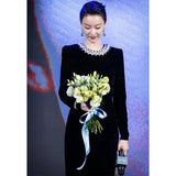 Dadizhimu Star With The Same Temperament Evening Dress Long-Sleeved Velvet Dress Annual Banquet Girl