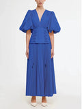 Dadizhimu Sensing With Belt And Rolling Skinny Dress 2025 Summer New Sexy Deep V Bubble Sleeve Design Dress Woman