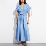 Dadizhimu Elegant Windy High-Waisted Dress Dress 2025 New V-Neck Collage Flower Design Long Dress Dress Woman