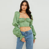 Dadizhimu Fashion Women's Clothing Collar Broken Flower Long-Sleeved Hollow Low-Breasted Tavel Trumpet Sleeve Top Lady