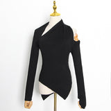Dadizhimu Summer New Personalized Shoulder Design Irregular Knitted Shirt Solid Color Repair Short Ladies Sweater Style
