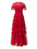 Dadizhimu 2024 Spring And Summer New Women's Round Neck Short Sleeve Mesh Yarn Ear Layer Red Banquet Dress Dress