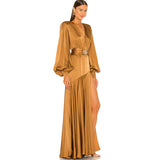 Dadizhimu Women's Deep V Shoulder Decoration Trumpet Sleeves Under The Open Fork Elegant Long Dress