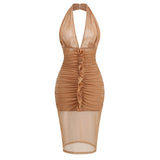 Dadizhimu New Sexy Hanging Neck Dress Body High-End Mesh Micro-Perspective Folding Dress Long