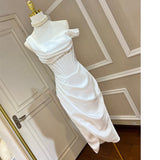 Dadizhimu Temperament Design Irregularly Slanted Shoulder-Speeled Thoracic Fish Bone Folded Open-Scrinkled And Forked-Sing-Faced Dress Dress Dress Dress