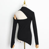 Dadizhimu Summer New Personalized Shoulder Design Irregular Knitted Shirt Solid Color Repair Short Ladies Sweater Style
