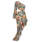 Dadizhimu Women's Fashion Sexy Body Repair Kite Skirt Slant Shoulder Crumid Flowers Irregular Lotus Leaf Dress Woman