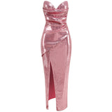 Dadizhimu Women's Sexy Glit Showback Skirt Beads To Repair The Fork Irregular Long Dress
