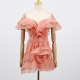 Dadizhimu Lotus Side Shoulder Short-Sleeved Dress Women 2025 Summer Sweet Flying Flying Sleeve Skirt Bag Hip Skirt