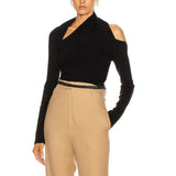 Dadizhimu Summer New Personalized Shoulder Design Irregular Knitted Shirt Solid Color Repair Short Ladies Sweater Style
