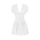 Dadizhimu Sexy Deep V Bubble Sleeve White Bow Short Skirt To Thin French Dress Women's Dress
