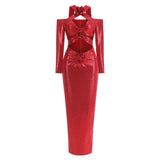 Dadizhimu Women's Sexy V-Neck Long-Sleeved Dress High-End Decorative Flowers Under The Fork Dress Long Model