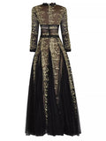 Dadizhimu Collar Nine-Sleeves To Close The Waist Fluffy Swing Net Gold Embroidered Dress Dress Long Dress