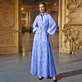Dadizhimu 2025 New Women's Fashion Flip Lantern Long Sleeve Single Buckle Belt Lace Long Temperament Dress Woman