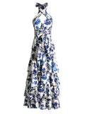 Dadizhimu Temperament Elegant Wind To The Waist Thin Long Cake Dress 2025 New Design Printing Hanging Neck Dress Women's Summer