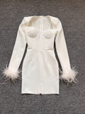 Dadizhimu Explosive High-Quality Women's Dress Long-Sleeved Feathers Tight Bandage Skirt
