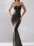 Dadizhimu Sexy Niche Brand Water Drill Slings Appear Thin Dress Black Apricot Long Dress Birthday Fishtail Dress