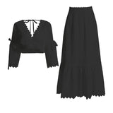 Dadizhimu Trendy Two-Piece Set 2025 New Fashion V-Neck Lace Embroidered Horn Sleeve Top + High-Waisted Long Dress
