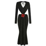 Dadizhimu Sexy V-Necked Long-Sleeved Dress Waist Decor Flower Open-Forked Pouse Dress Dress Dress Long