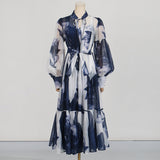 Dadizhimu Mesh Dress 2025 New Retro Ink Print Design Waist Long Dress Dress Woman