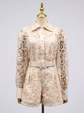 Dadizhimu Fashion Collar Embroidery Set 2025 New Sexy Hollow Flower Shirt + Temperamental Belt Shorts Woman