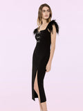 Dadizhimu Dress Square Collar Dress Elegant Bow Feathers Sleeveless Bandage Sexy Dress