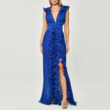 Dadizhimu Open Fork Dress 2025 New Autumn V-Neck Wood Ear Design High-Waist Long Dress Woman