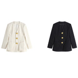 Dadizhimu White Small Suit Small Dress Small Design Sense V-Neck Embossed Metal Buckle Waist French Temperament Suit Jacket Woman