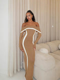 Dadizhimu And Sexy Shoulder-Collision Dress Knitted Long-Sleeved Shoulder Banded Evening Dress