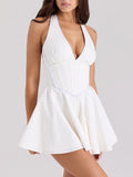 Dadizhimu Hot Girl Wind Dark V Solid Dress 2025 New Fish Bone Collar Lumbar Thin-Necked Dress Woman Summer