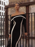 Dadizhimu And Sexy Shoulder-Collision Dress Knitted Long-Sleeved Shoulder Banded Evening Dress
