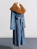 Dadizhimu 2025 New Fashion Temperament Detachable Wool Collar Long Denim Jacket Female With Belt Thin Windwear