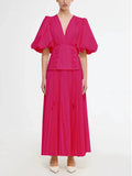 Dadizhimu Sensing With Belt And Rolling Skinny Dress 2025 Summer New Sexy Deep V Bubble Sleeve Design Dress Woman