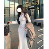 Dadizhimu Design Sense Of The Rice White V-Neck Shirt Dress Gentle Temperament Female Folds To The Waist Thin Fishtail Dress