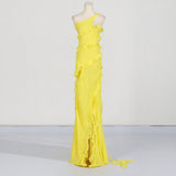 Dadizhimu Wind One-Shoulder Dress Dress 2025 Summer New Splicing Wood Ear Slim Slim Open Fork Dress Woman